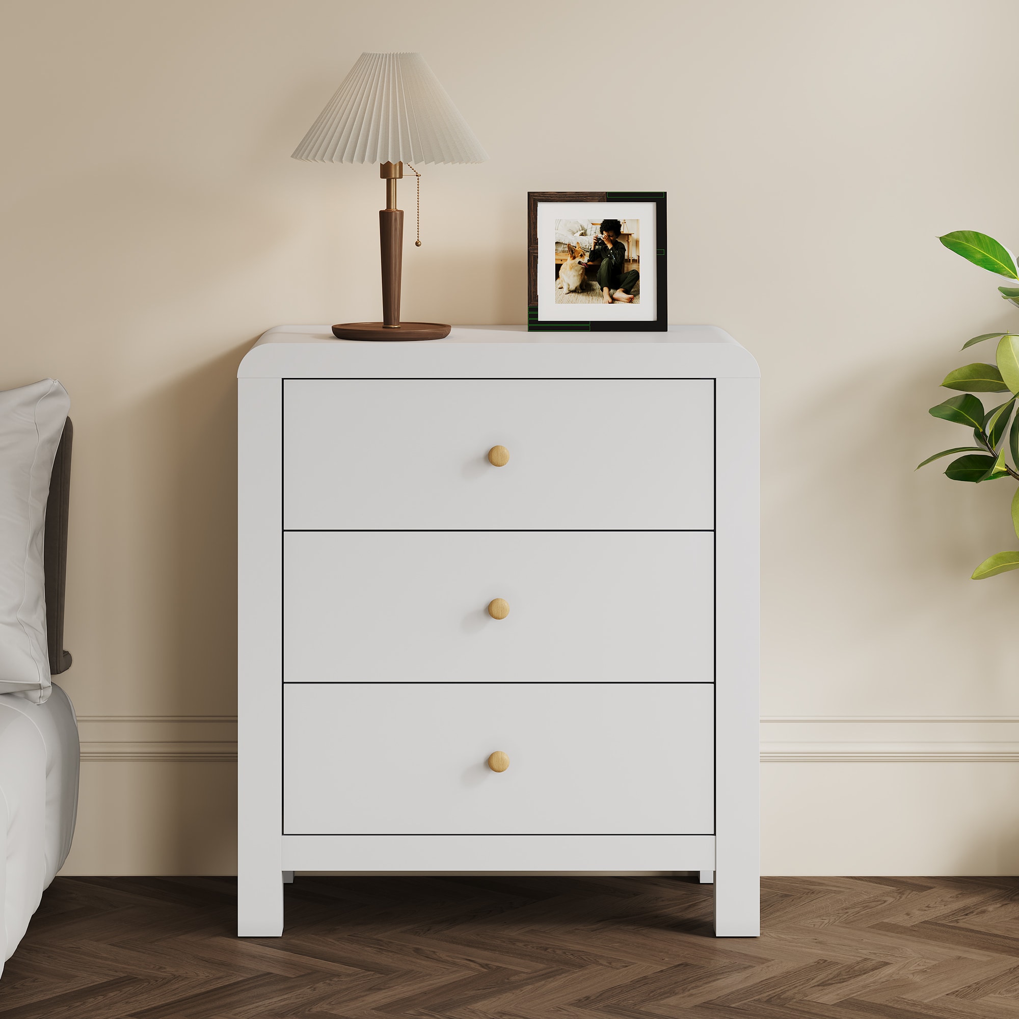 3 Drawer Dresser With Rounded Table Corners, Modern Chest Of Drawers, Large Nightstand Side Table, Wood Storage Dressers Organizer For Bedroom, Living Room, Entryway, White/Natural Wood_voghion.com